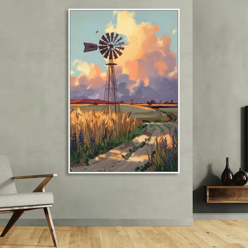 Lubbock Windmill Scene Living Room - White Canvas Wall Art