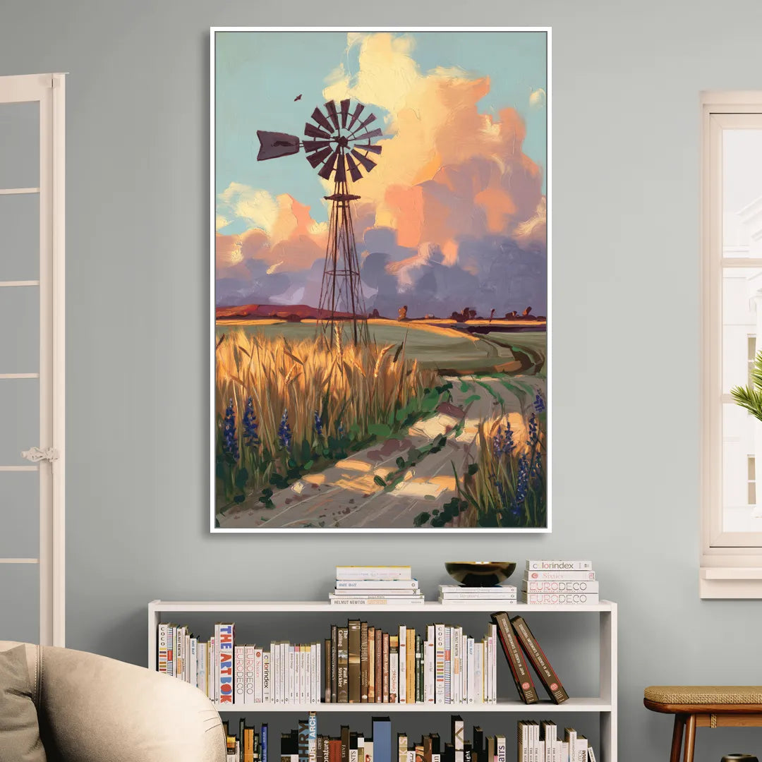 Lubbock Windmill Scene Sitting Room - White Canvas Wall Art