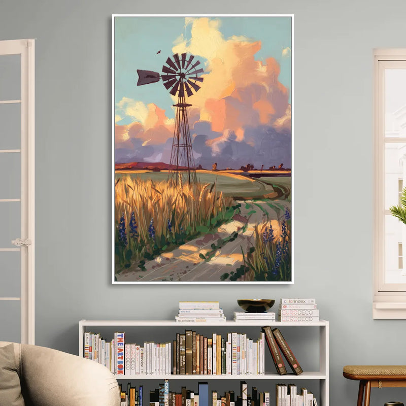 Lubbock Windmill Scene Sitting Room - White Canvas Wall Art