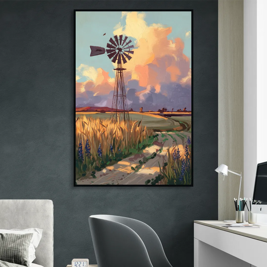 Lubbock Windmill Scene Living Room - Black Canvas Wall Art