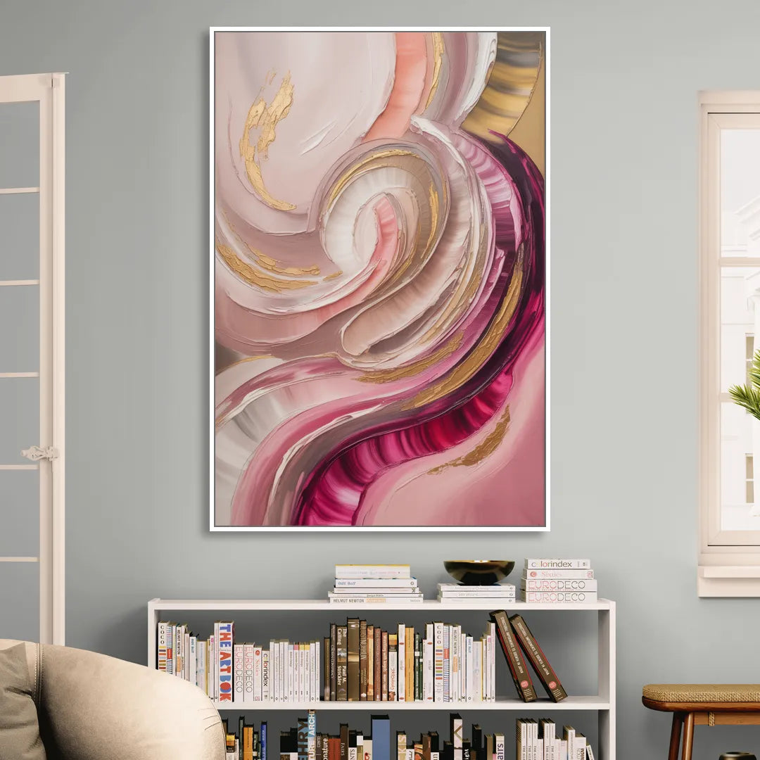 Luminous Swirl Pink Abstract Living Room - White Canvas Wall Art