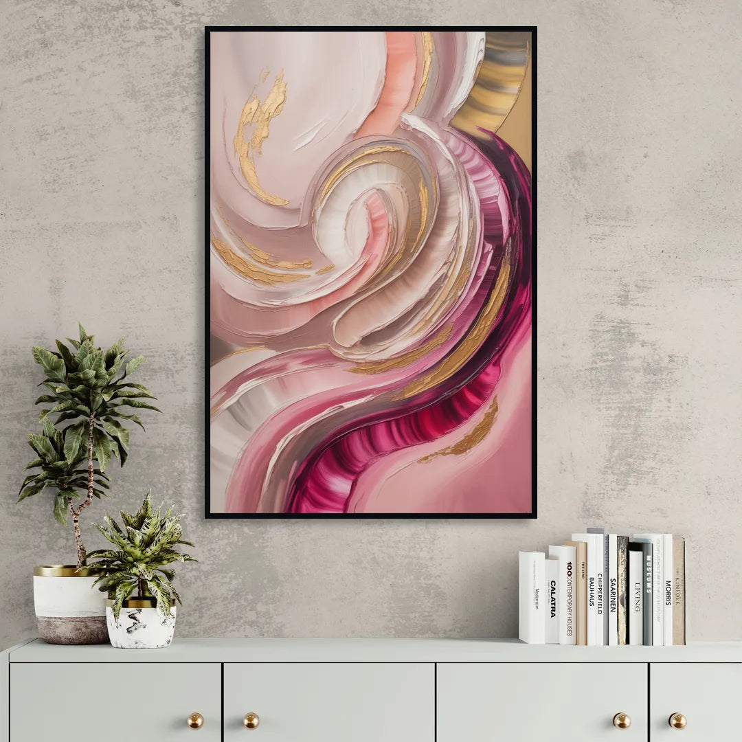 Luminous Swirl Pink Abstract Living Room - Black Canvas Wall Art