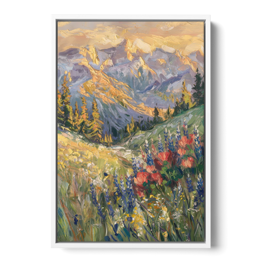 Lupine Meadow Mountain Landscape for the Living Room - White Framed Canvas Wall Art - Front