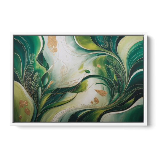 Lush Verdant Harmony Green Abstract - White Framed Canvas Wall Art - Front