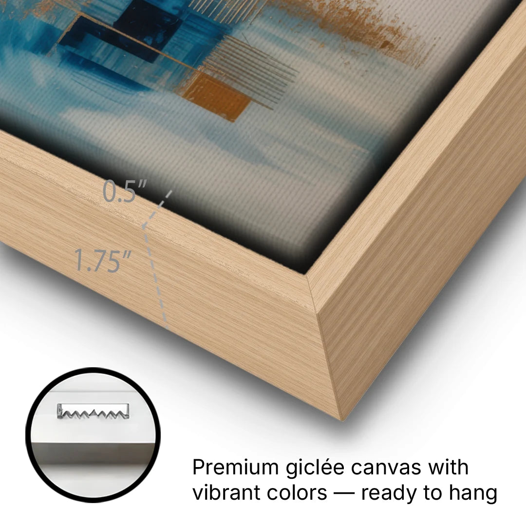 Luxurious Depth Blue and Gold Abstract - Oak Framed Canvas Wall Art - Gallery Wrap Corner