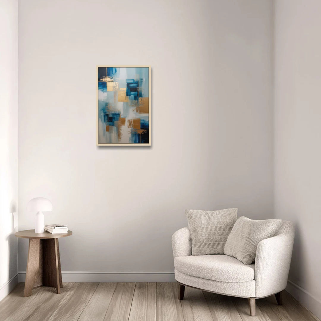 Luxurious Depth Blue and Gold Abstract - Oak Framed Canvas Wall Art - Sofa - 16x24