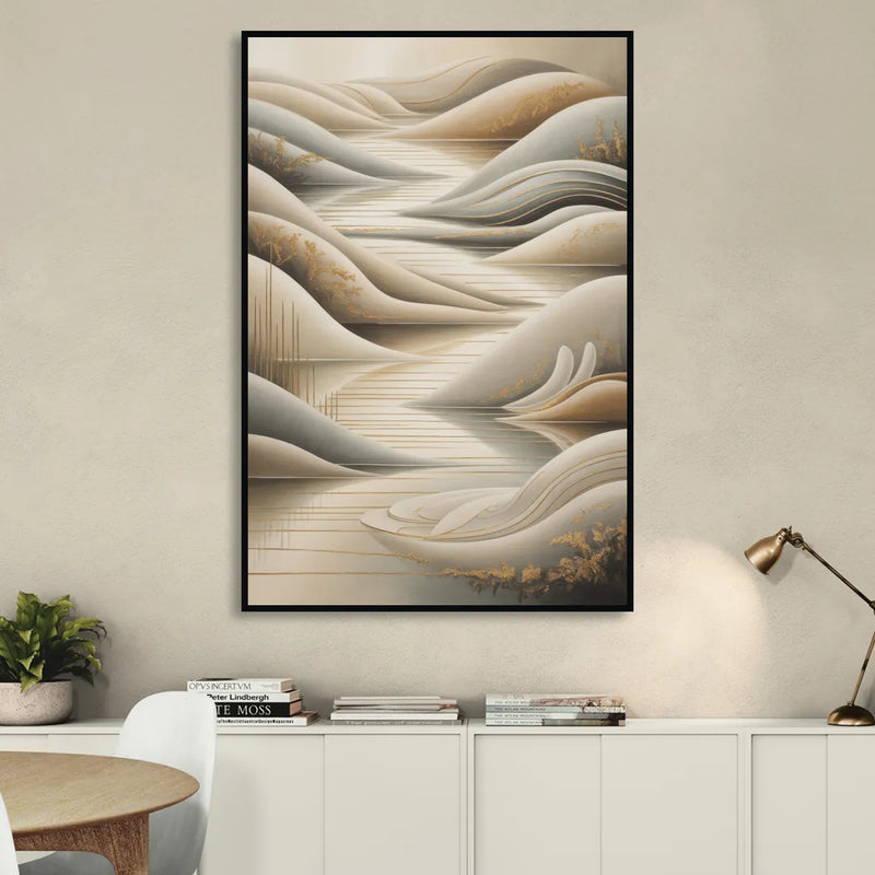 Luxurious Flowing Forms Beige Abstract Living Room - Black Canvas Wall Art