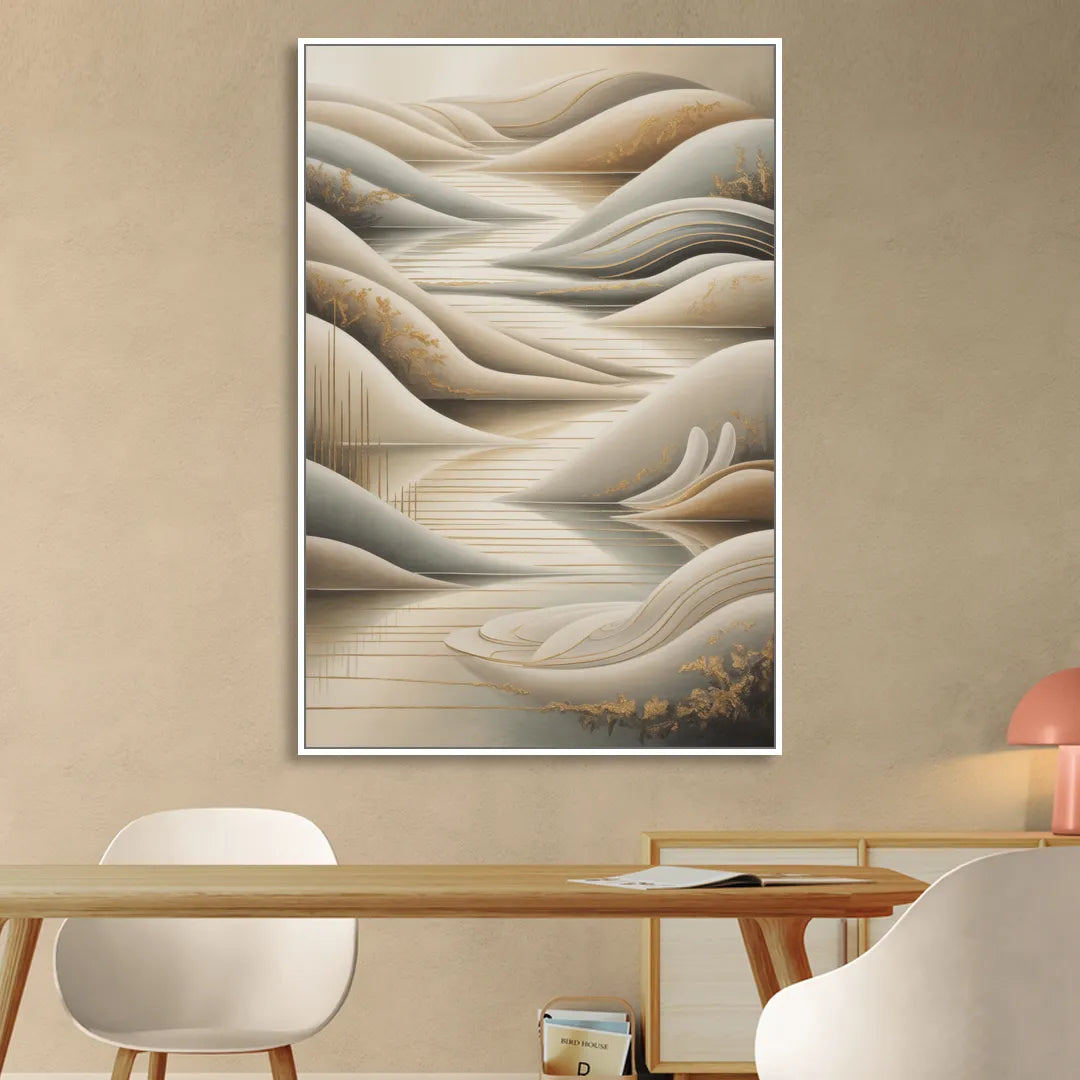 Luxurious Flowing Forms Beige Abstract Sitting Room - White Canvas Wall Art