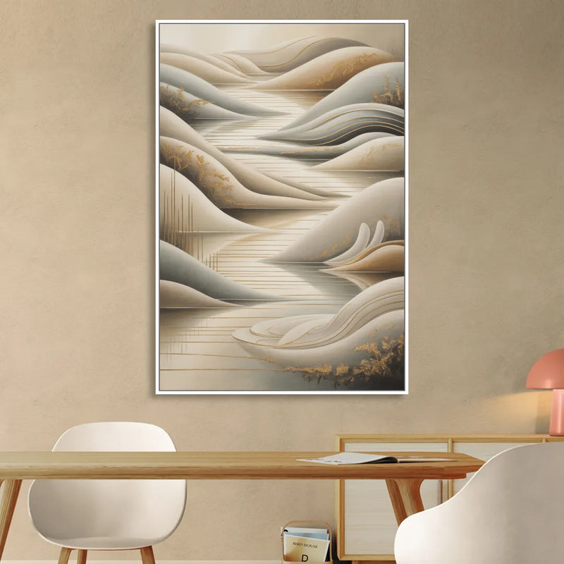 Luxurious Flowing Forms Beige Abstract Sitting Room - White Canvas Wall Art