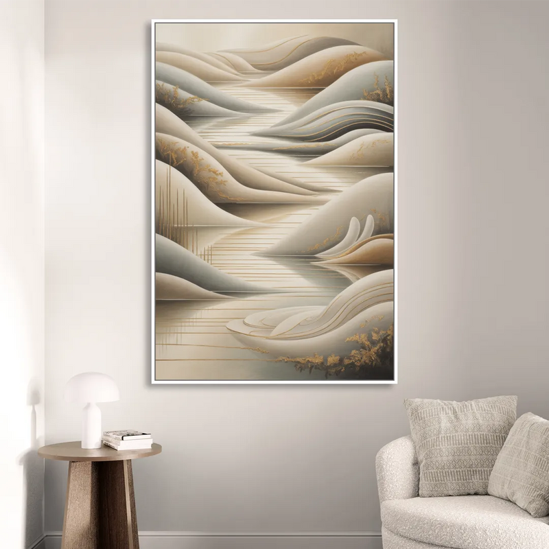 Luxurious Flowing Forms Beige Abstract Living Room - White Canvas Wall Art