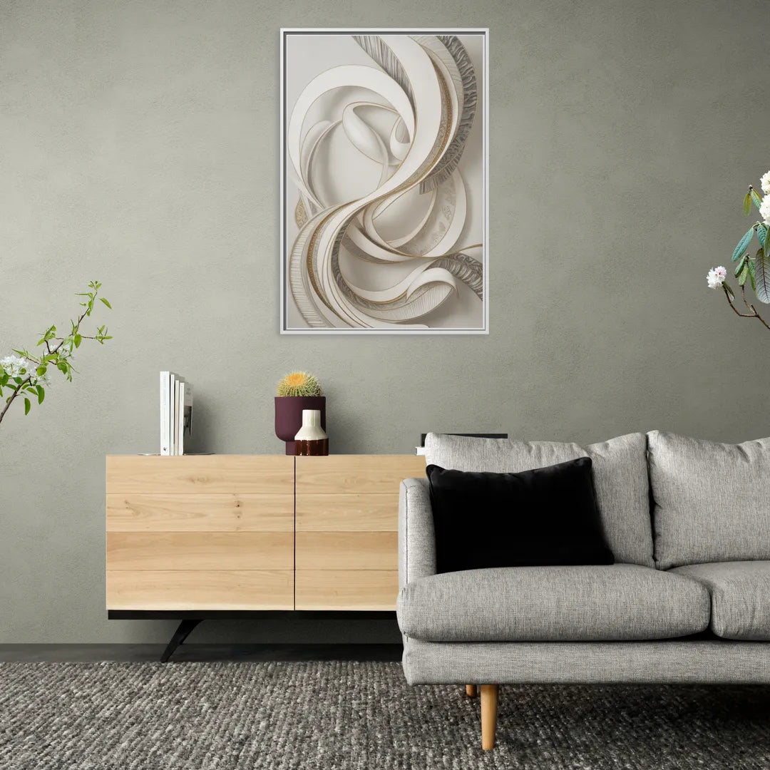 Luxurious Flowing Movement White Abstract - Living Room White Frame Canvas