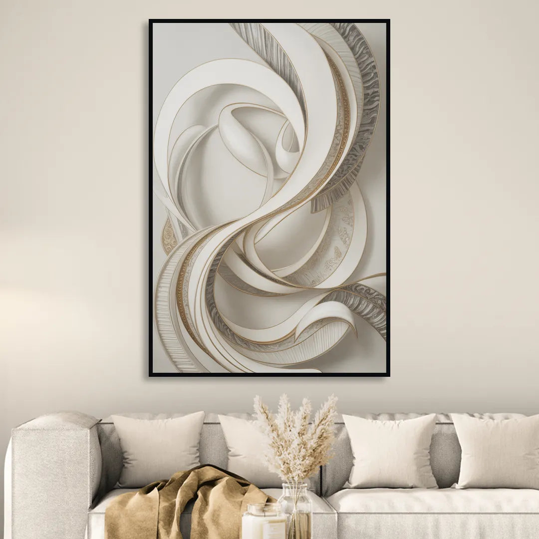 Luxurious Flowing Movement White Abstract Sitting Room - Black Canvas Wall Art