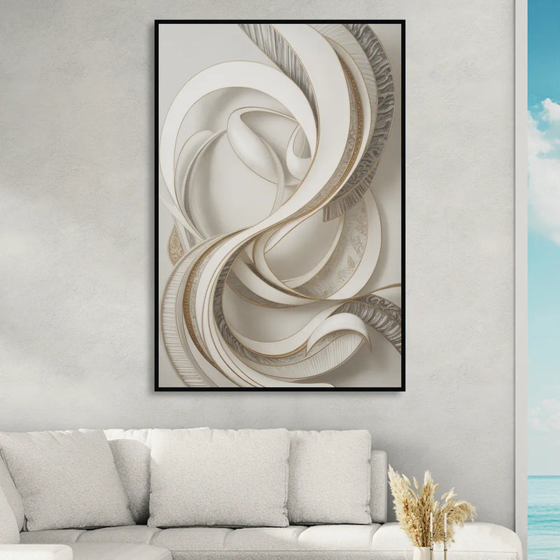 Luxurious Flowing Movement White Abstract Living Room - Black Canvas Wall Art