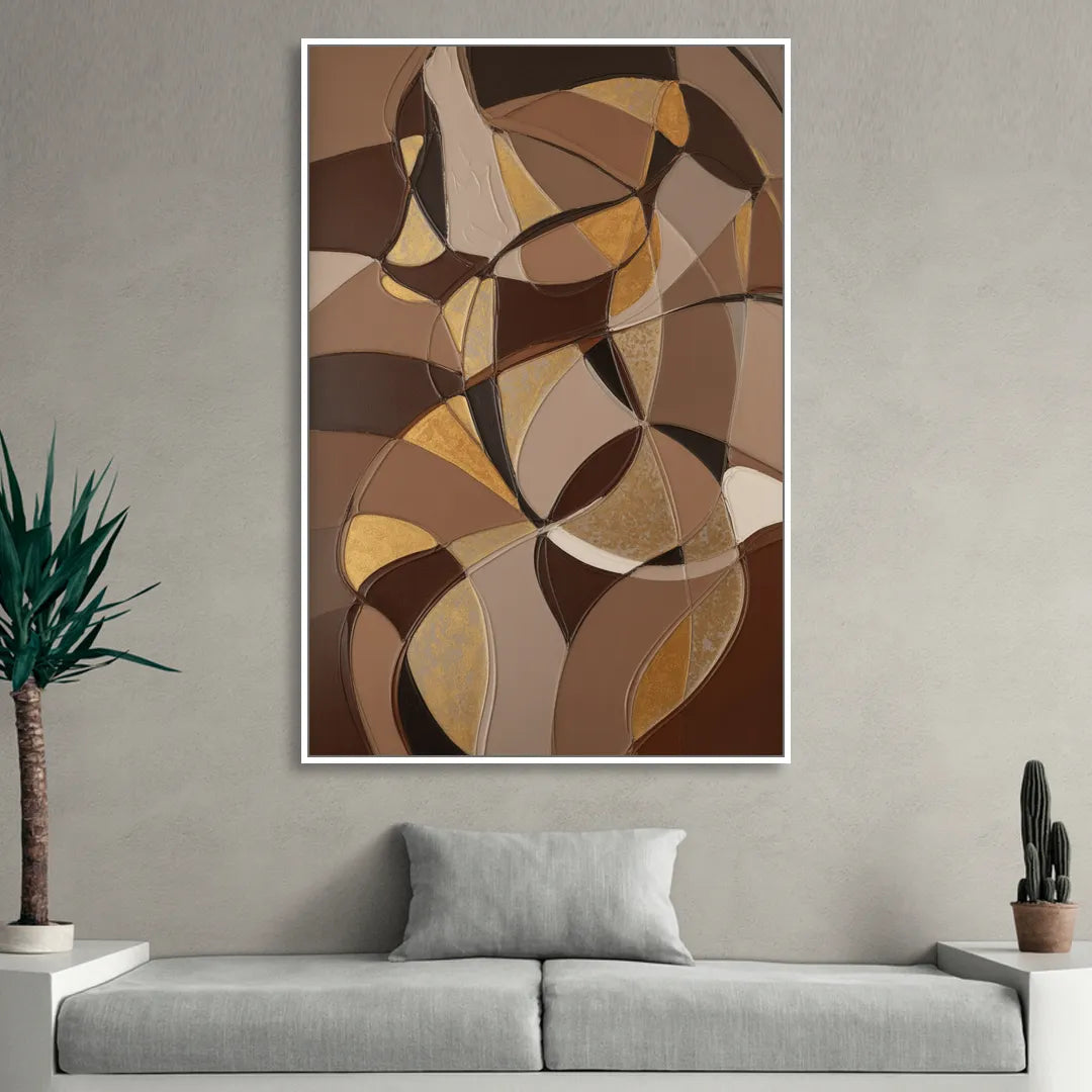 Luxurious Geometric Harmony Brown Abstract Sitting Room - White Canvas Wall Art
