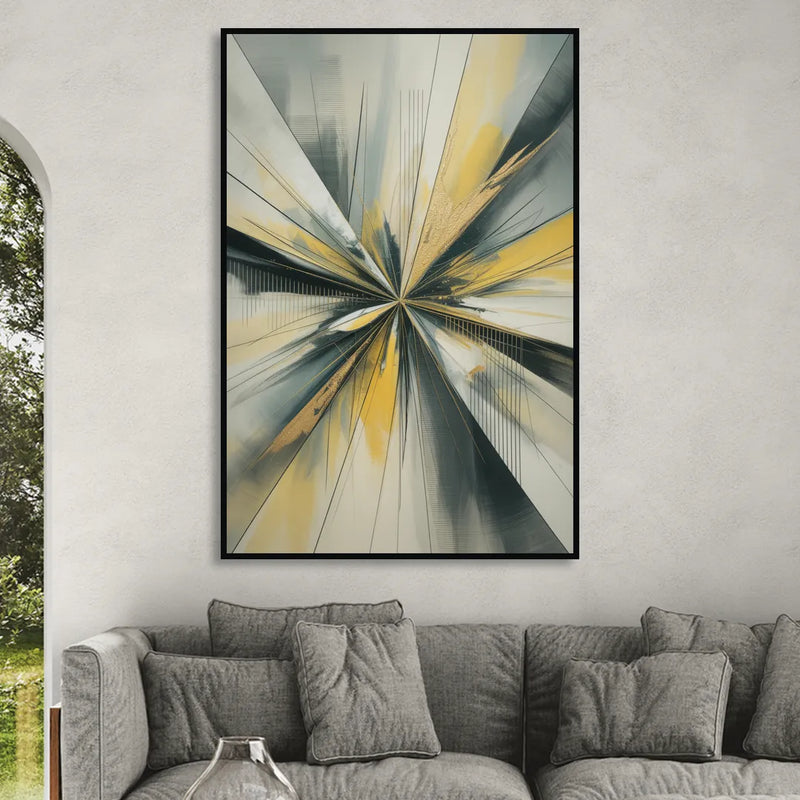 Luxurious Geometric Yellow and Grey Abstract Sitting Room - Black Canvas Wall Art