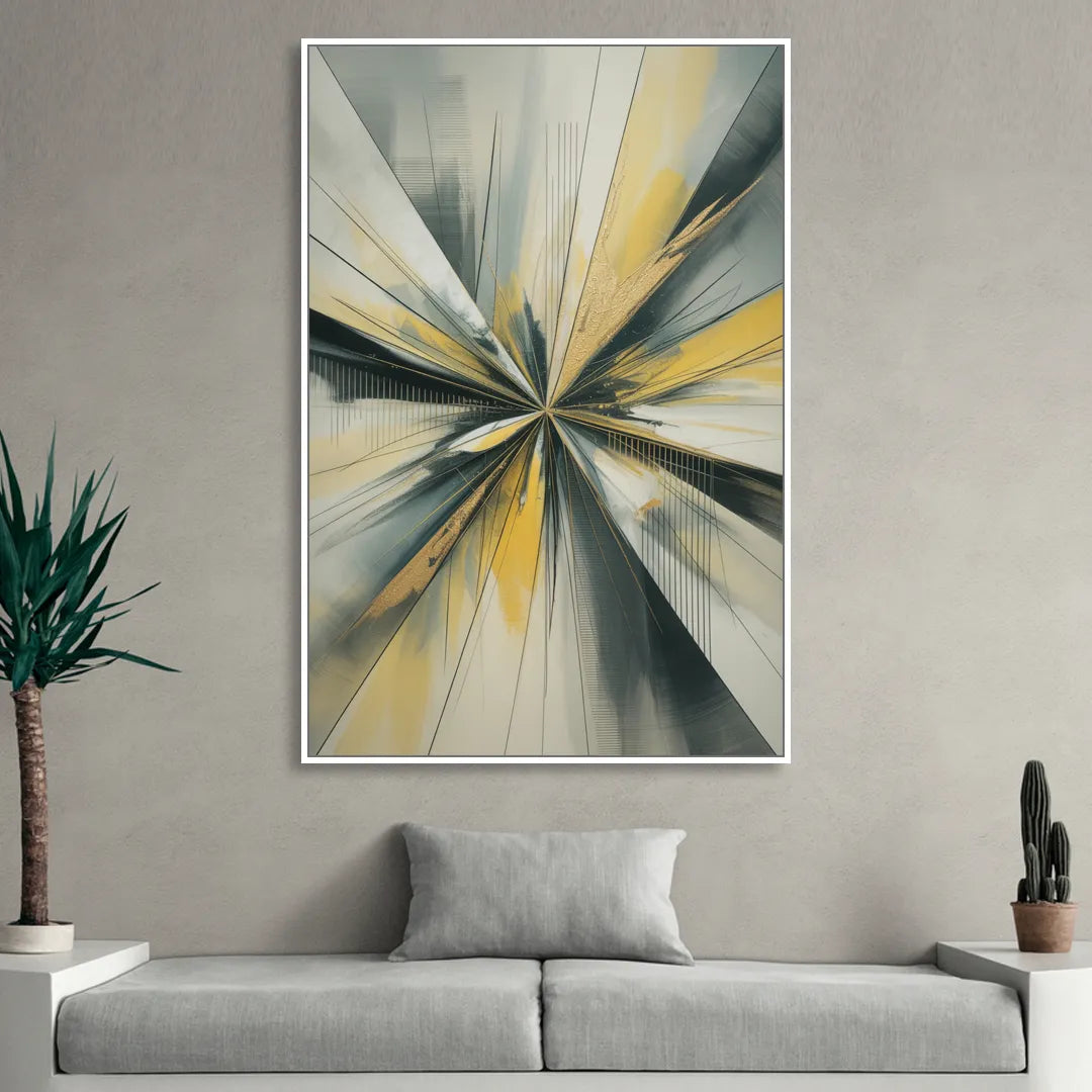 Luxurious Geometric Yellow and Grey Abstract Living Room - White Canvas Wall Art