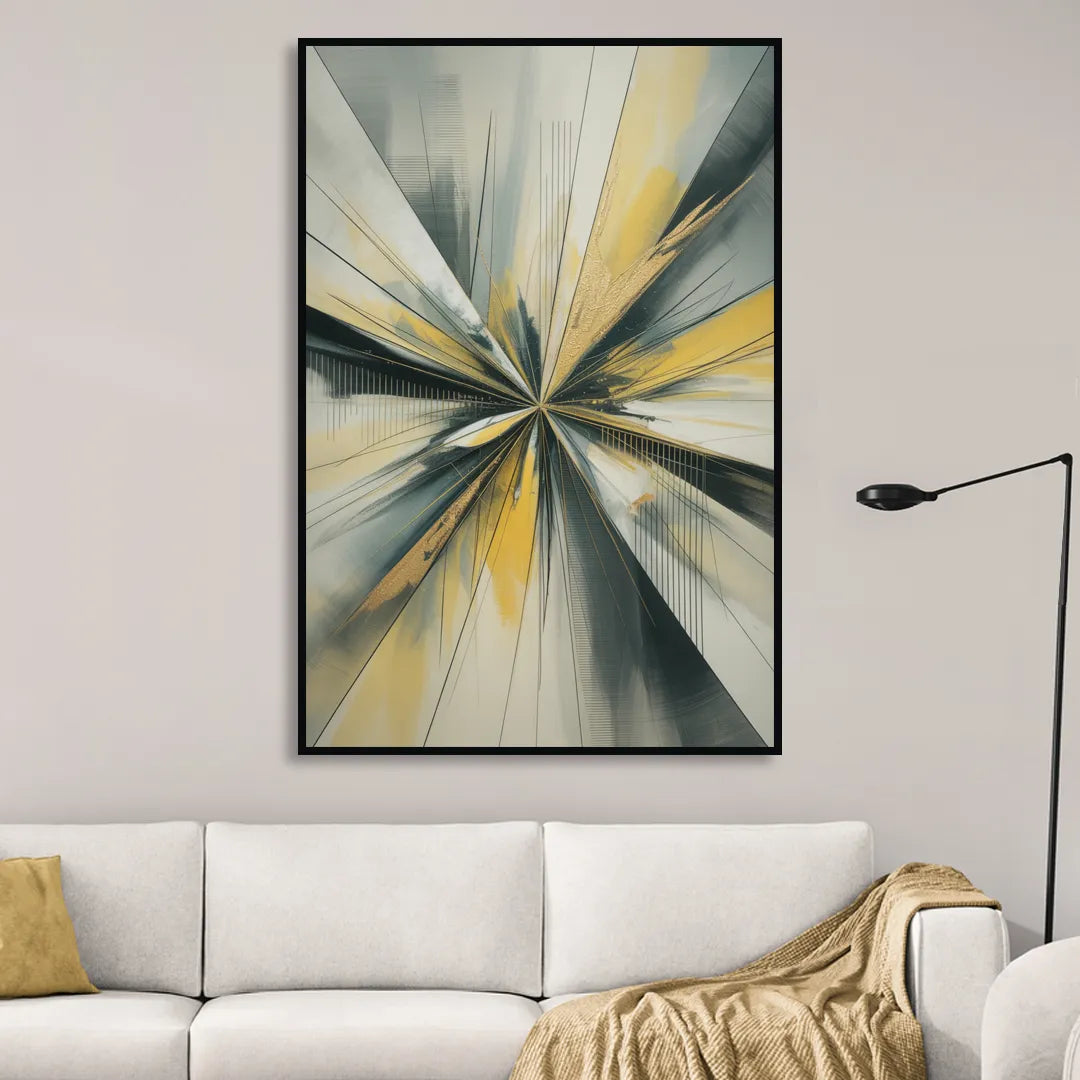 Luxurious Geometric Yellow and Grey Abstract Living Room - Black Canvas Wall Art