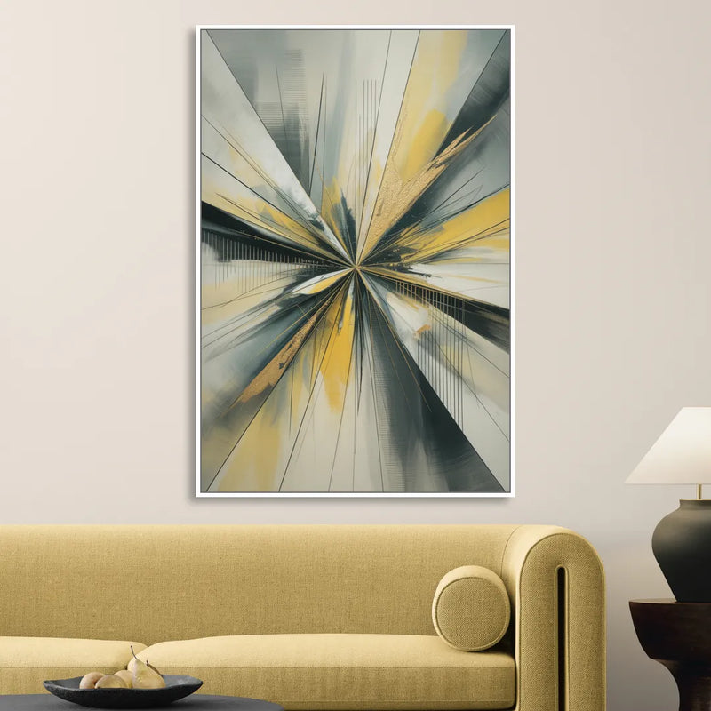 Luxurious Geometric Yellow and Grey Abstract Sitting Room - White Canvas Wall Art