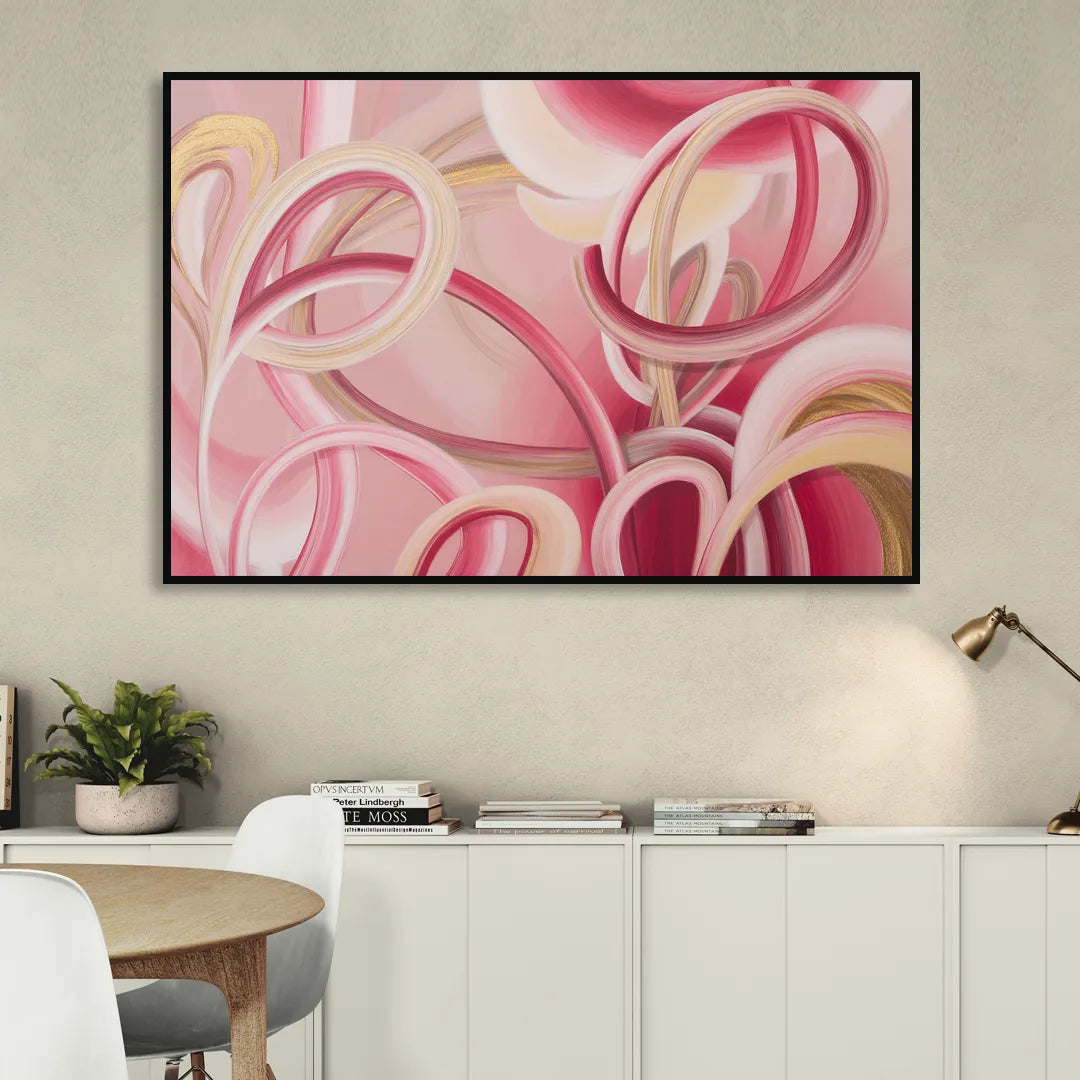 Luxurious Interwoven Pink Abstract Sitting Room - Black Canvas Wall Art