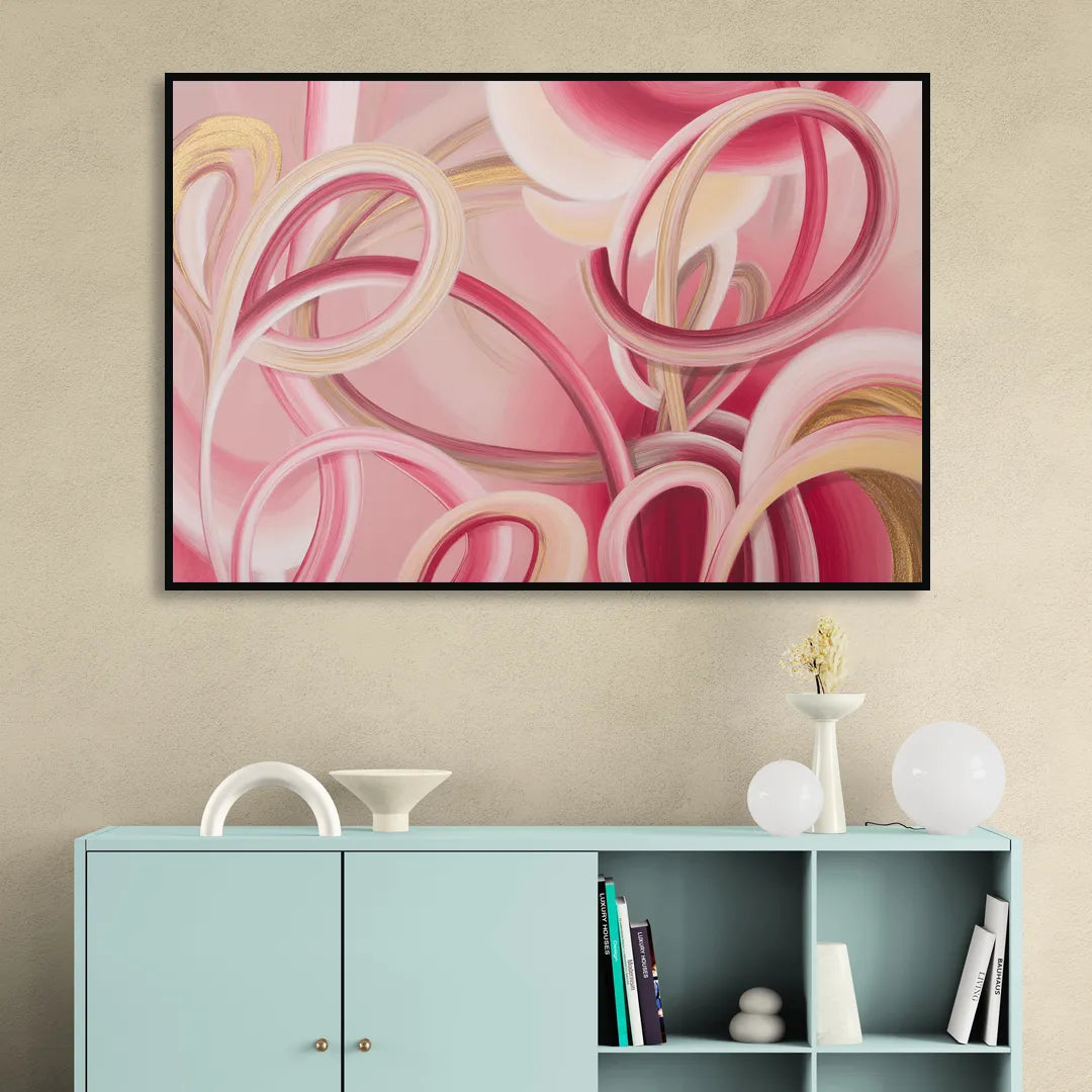 Luxurious Interwoven Pink Abstract Living Room - Black Canvas Wall Art
