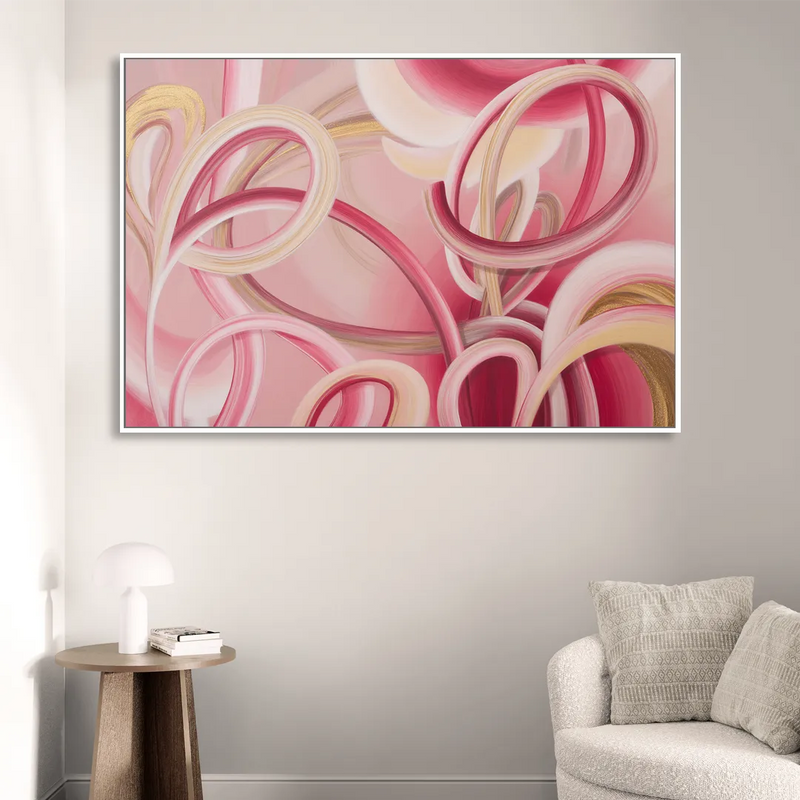 Luxurious Interwoven Pink Abstract Sitting Room - White Canvas Wall Art