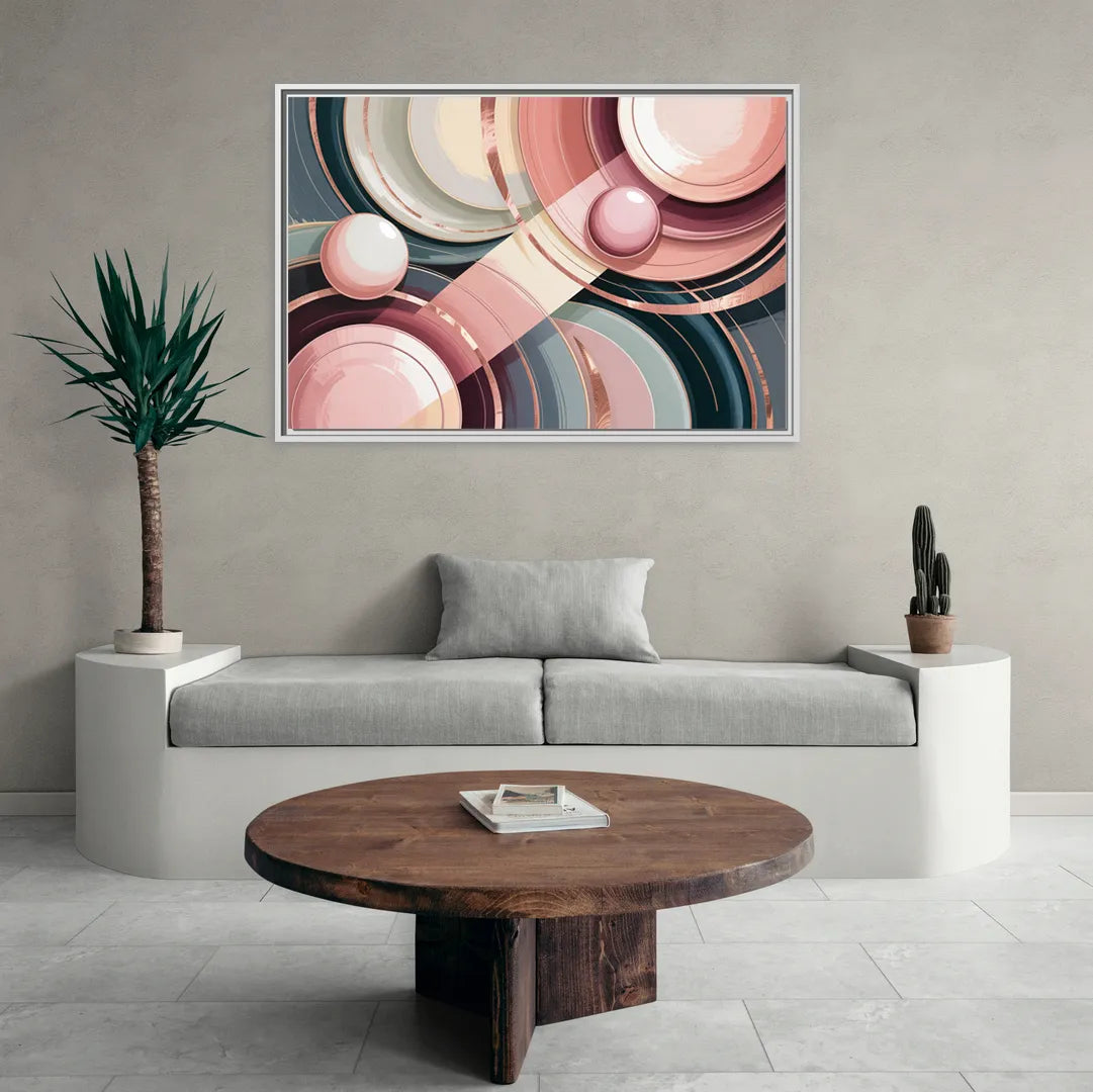 Luxurious Rhythms in Pink and Grey Abstract - Living Room White Frame Canvas