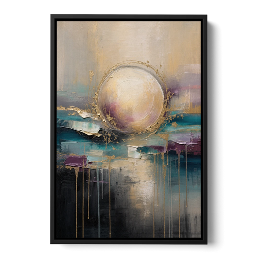 Luxury Abstract Gilded Moonrise Over Teal - Black Framed Canvas Wall Art - Front