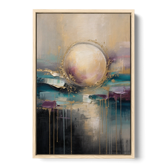 Luxury Abstract Gilded Moonrise Over Teal - Oak Framed Canvas Wall Art - Front
