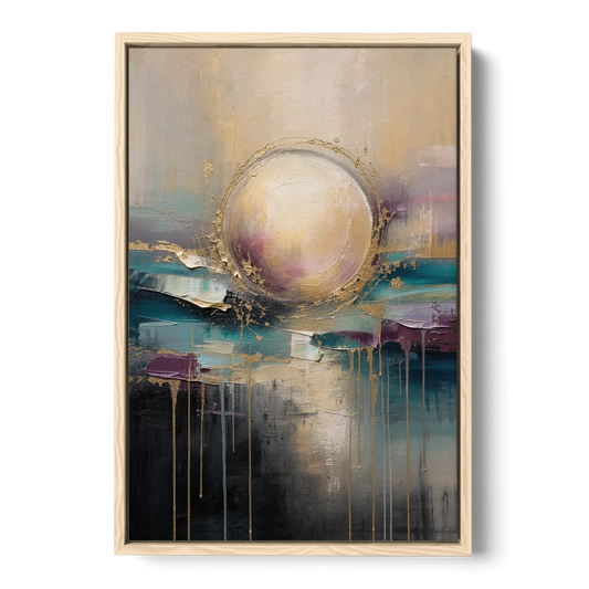 Luxury Abstract Gilded Moonrise Over Teal - Oak Framed Canvas Wall Art - Front