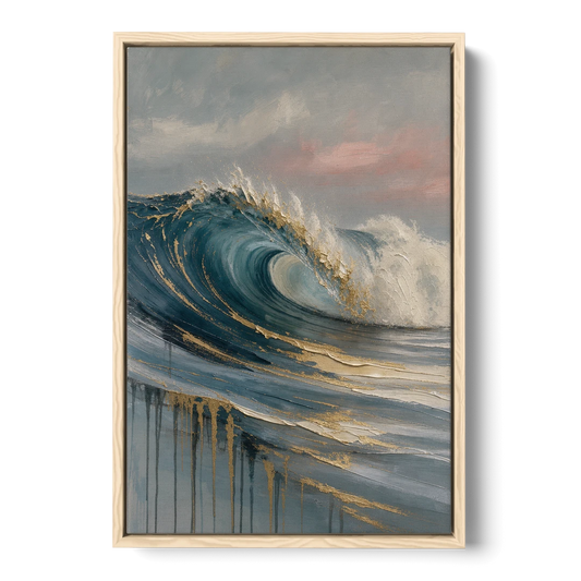 Luxury Gilded Ocean Curl for the Bathroom - Oak Framed Canvas Wall Art - Front