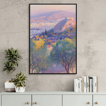 Lycabettus Hill View Living Room - Black Canvas Wall Art