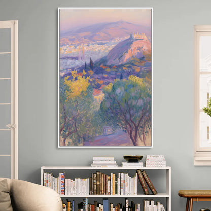 Lycabettus Hill View Living Room - White Canvas Wall Art