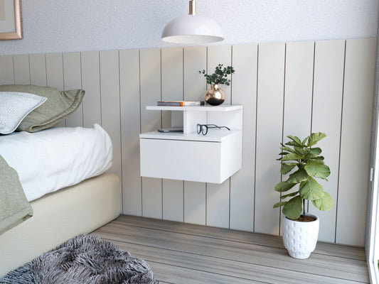 Flopini White Nightstand - Floating Design with Drawer & Shelves