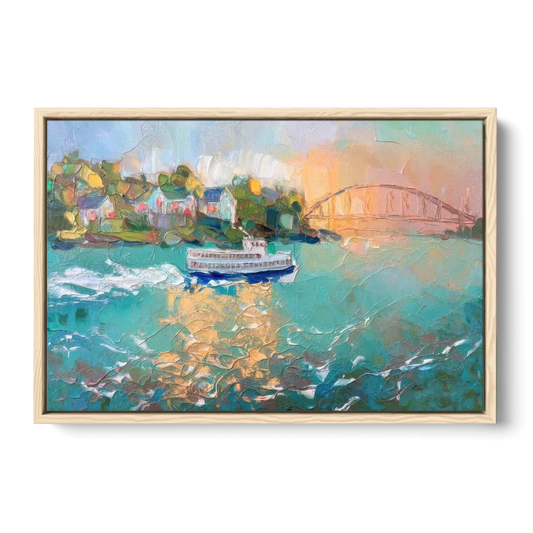 Mackinac Island Ferry Crossing - Oak Framed Canvas Wall Art - Front