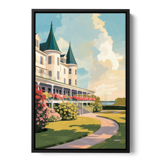 Mackinac Island Grand Hotel View - Black Framed Canvas Wall Art - Front
