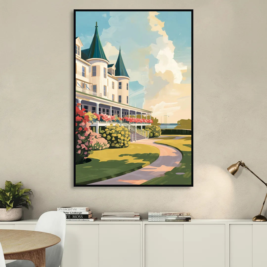 Mackinac Island Grand Hotel View Living Room - Black Canvas Wall Art