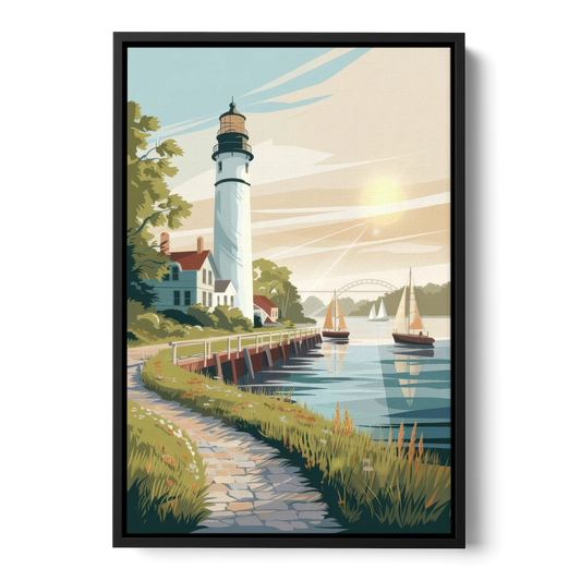 Mackinac Island Historic Lighthouse - Black Framed Canvas Wall Art - Front