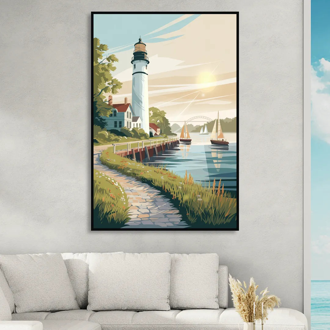 Mackinac Island Historic Lighthouse Living Room - Black Canvas Wall Art