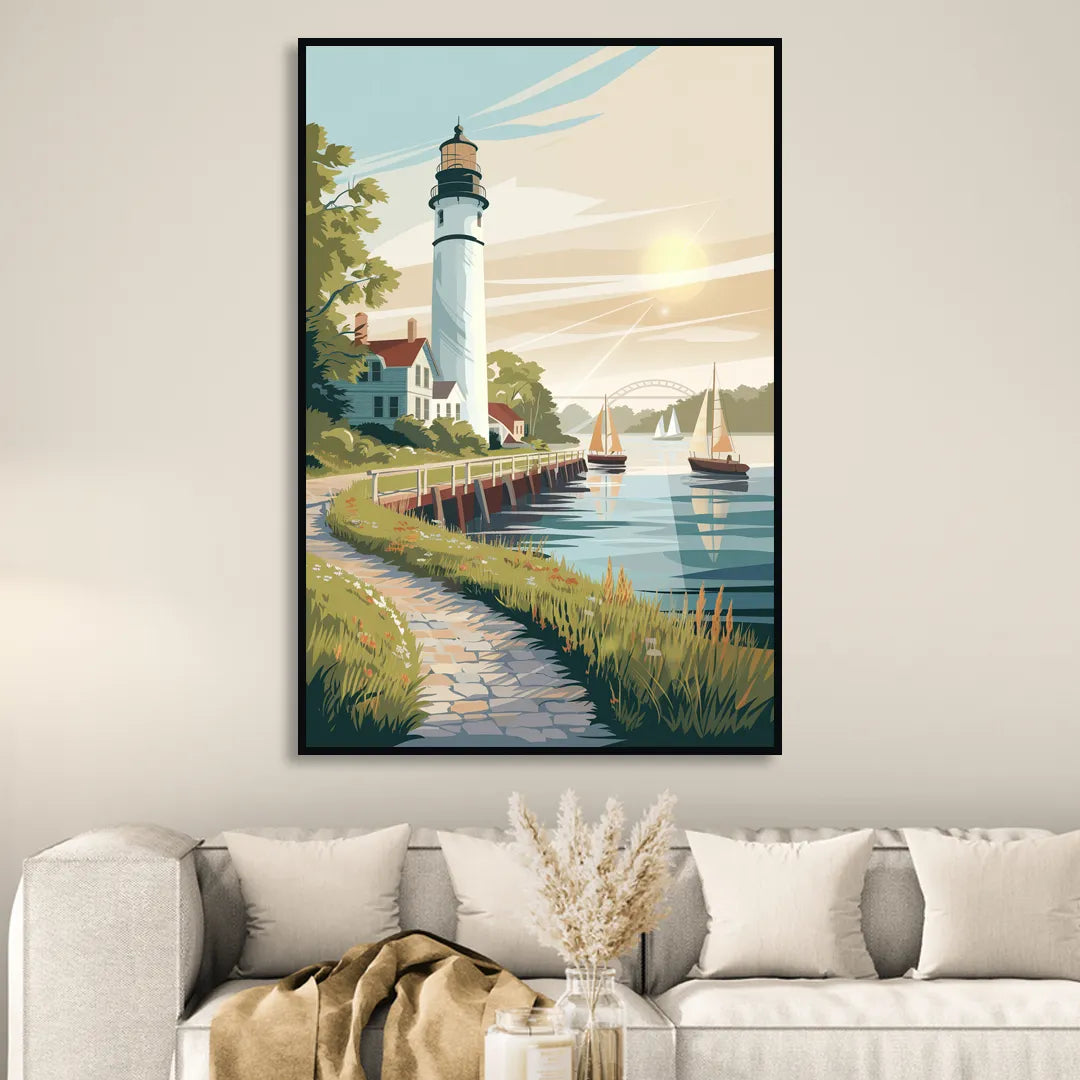 Mackinac Island Historic Lighthouse Sitting Room - Black Canvas Wall Art