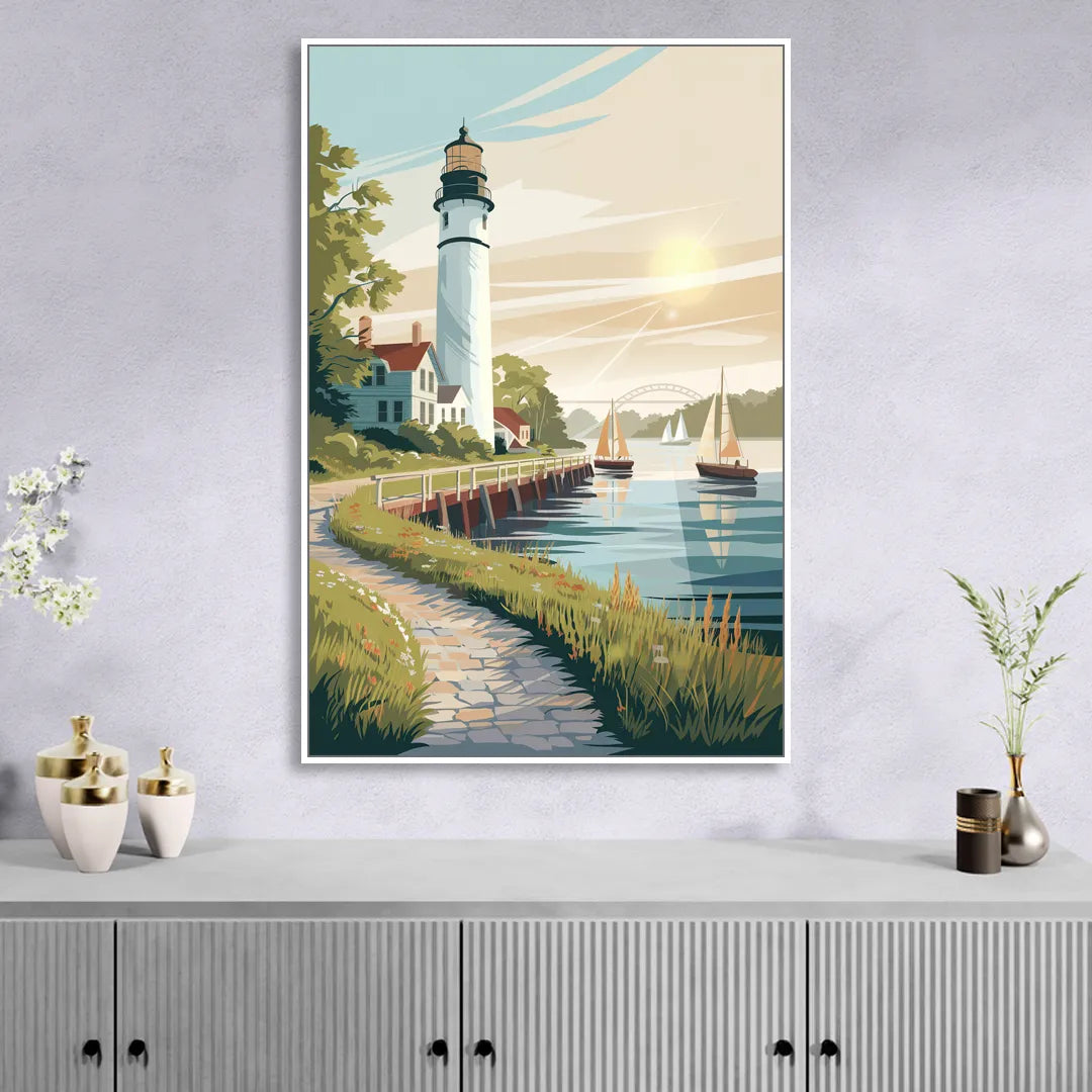Mackinac Island Historic Lighthouse Sitting Room - White Canvas Wall Art