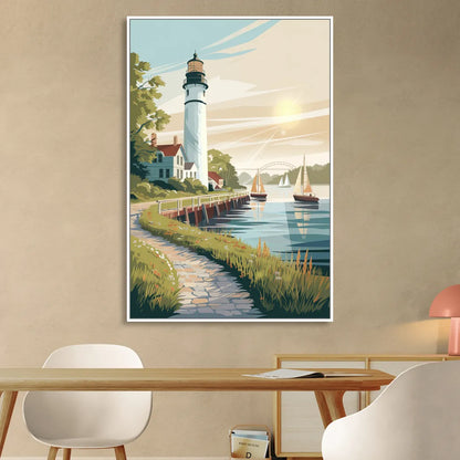 Mackinac Island Historic Lighthouse Living Room - White Canvas Wall Art