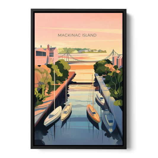 Mackinac Island Sunrise Harbor - Black Framed Canvas Wall Art - Front