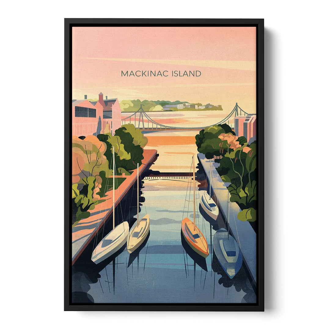 Mackinac Island Sunrise Harbor Front - Black Canvas Wall Art