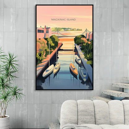 Mackinac Island Sunrise Harbor Sitting Room - Black Canvas Wall Art