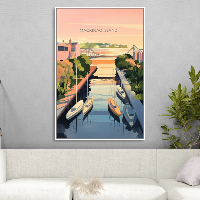 Mackinac Island Sunrise Harbor Sitting Room - White Canvas Wall Art