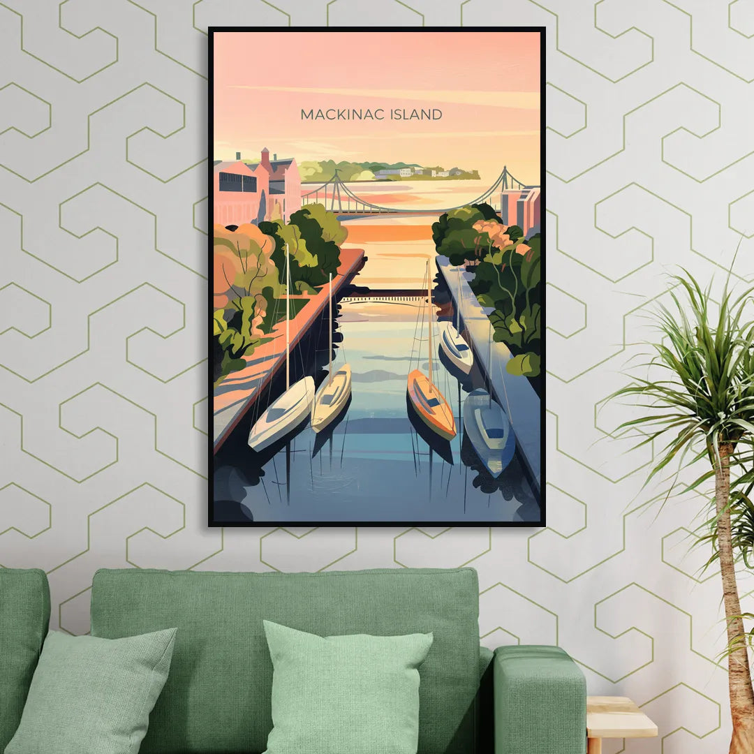 Mackinac Island Sunrise Harbor Living Room - Black Canvas Wall Art