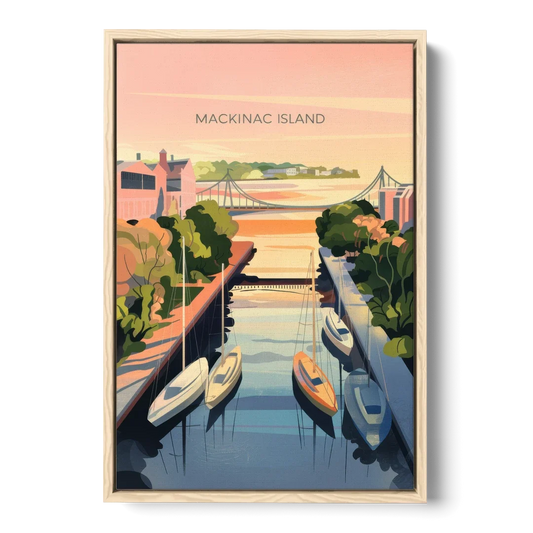Mackinac Island Sunrise Harbor - Oak Framed Canvas Wall Art - Front