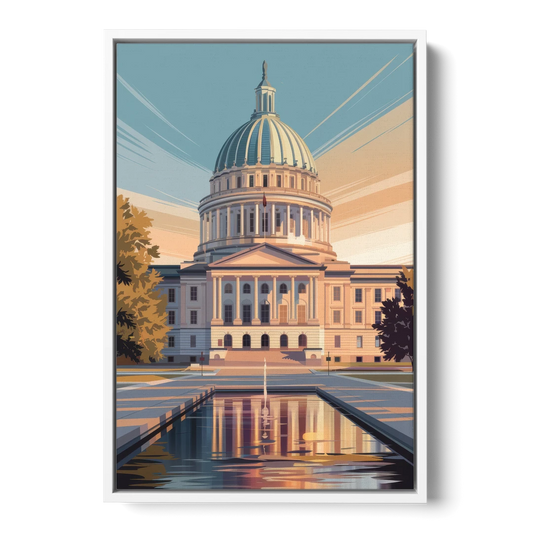Madison Capitol Reflection - White Framed Canvas Wall Art - Front