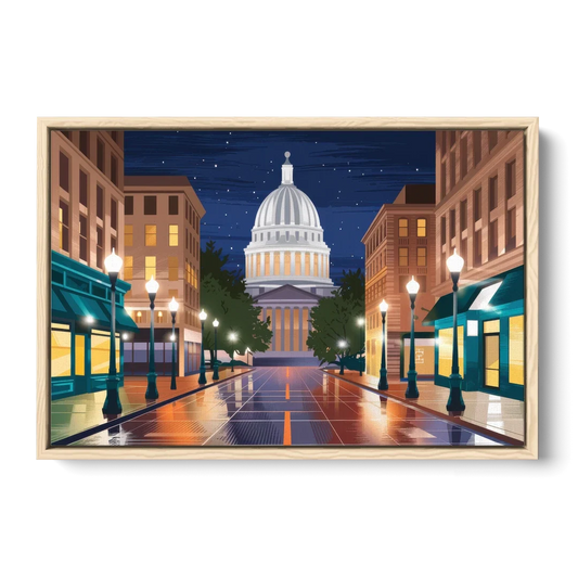 Madison Capitol Square Nights - Oak Framed Canvas Wall Art - Front