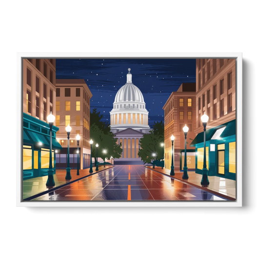 Madison Capitol Square Nights - White Framed Canvas Wall Art - Front